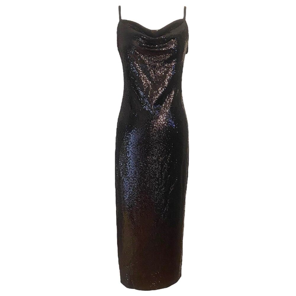 BEBE Black Cowl Neck Shimmer Maxi Dress Size L Adjust Spaghetti Strap Stretchy